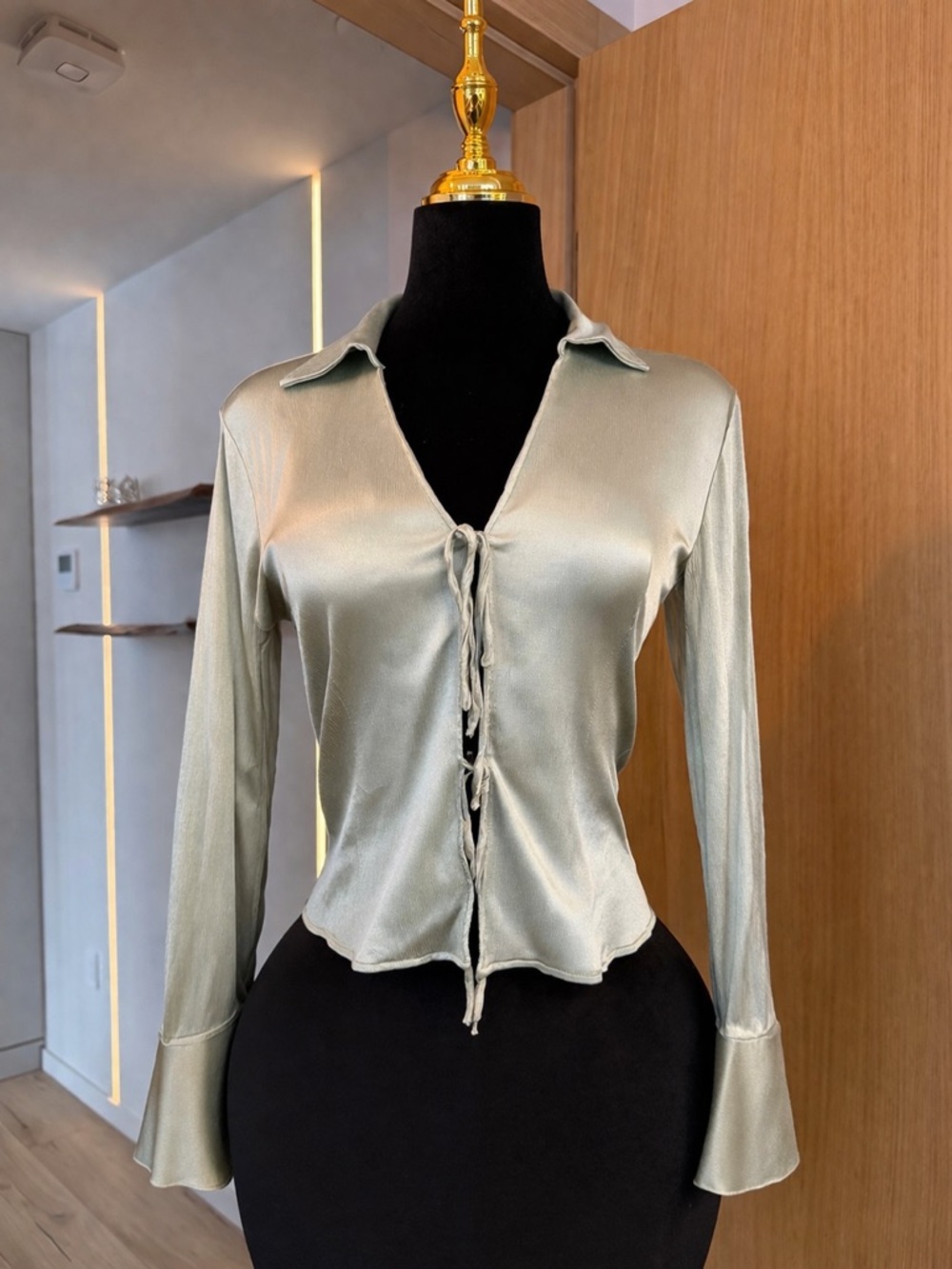 Zara Sage Green Satin Tie Front Collared Minimalistic Blouse | Modern Muse